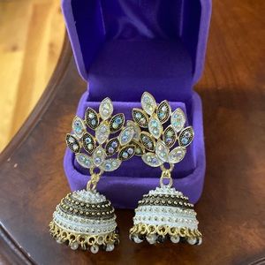 Gold tint with black beaded earrings from India